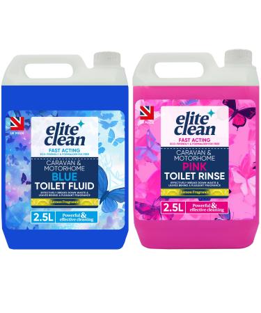 Elite Clean Caravan and Motorhome Toilet Cleaner | 2.5L Blue | Chemical Cleaning Fluid | 2.5L Pink Rinse Fluid Solution Cleaner | Motorhomes | Eco-Friendly | Formaldehyde Free