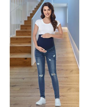 PACBREEZE Women's Maternity Jeans | High Waist Denim Skinny Pants | Over The Belly | Stretchy and Slim Fit | Ripped Indigo Blue | With Pockets - Buy Online on GoSupps.com