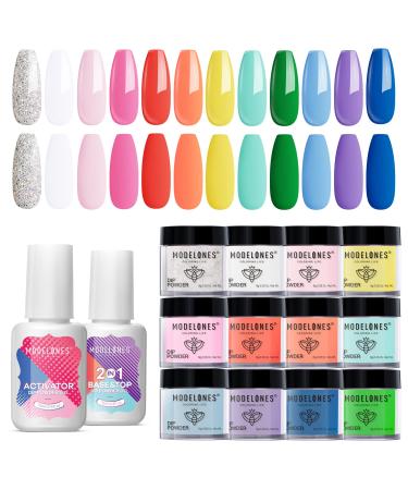 Modelones Dip Powder Nail Kit Starter, 12 Colorful French Style Quick Drying Dipping Powder with Activator and Base Top Coat 2 in 1 Set, Beginner Manicure Nail Dipping System for Salon DIY at Home