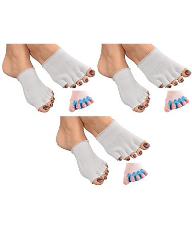 MojaSports Gel-Lined Toe Alignment Comfy Socks (3 Pair Socks & Silicone Toe Separator) Spacer Yoga Gym Pedicure. White Medium