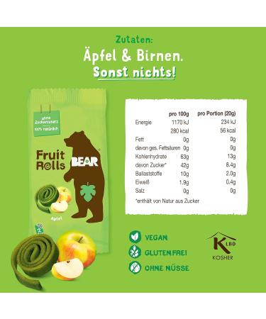 Buy Bear Fruit Rolling Apple - 100% Natural No Added Sugar Healthy Snack | 30 Bags x 20g | Ideal for Kids & Adults | 600g Green - Buy Online on GoSupps.com