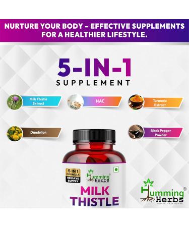 Humming Herbs Milk Thistle Supplement 1000Mg 5-in-1 Formula with NAC Curcumin Dandelion & Black Pepper 180 Capsules - Buy Online on GoSupps.com