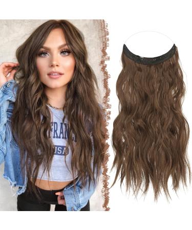 FESHFEN Invisible Wire Hair Extensions with Transparent Wire Adjustable Size with 2 Secure Clips Synthetic Hair Piece Long Wavy Secret Headband Hairpieces for Women 16 inch Copper Chestnut Brown