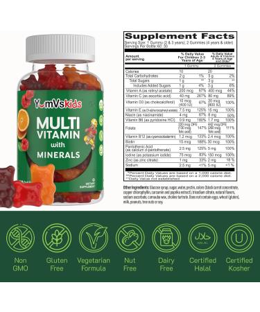 YumVs Kids Multivitamin Gummies - Fruit Flavored Chewable Children's Multivitamin - Kids Vitamins Multivitamin Gummy with 12 Minerals & Vitamins A C D3 E B6 B12 - Kosher Gluten Free (60 Count) - Buy Online on GoSupps.com