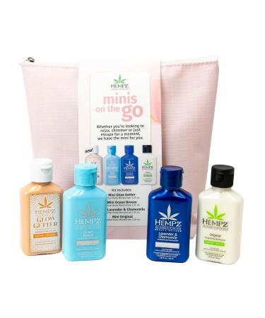 Hempz Minis on the Go - Hydrating Body & Hand Lotion (4-Pack) Travel Size 2.25 Oz Each - Perfect On-the-Go Moisturizer For Women Featuring 4 Mini Lotions For Travel With A Free On-The-Go Bag - Buy Online on GoSupps.com