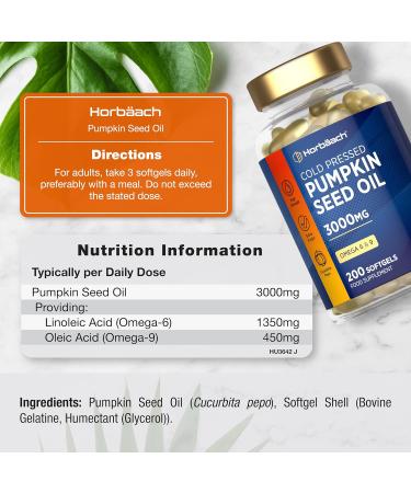 Pumpkin Seed Oil Capsules 3000mg | Cold Pressed | High Strength Supplement | 200 Softgels | by Horbaach - Buy Online on GoSupps.com