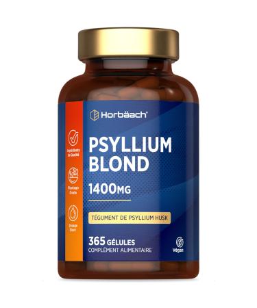 Psyllium Blond Gelules 1400 mg | 365 Psyllium Gelules Vegan | 6 Mois | Haute Dosage | Pr biotique naturel | Horbaach