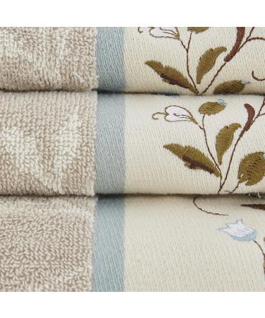 Madison Park Serene 100% Cotton Floral Embroidered Bath Towel Set - Luxurious Jacquard Design, Soft & Absorbent - Blue Cream, Multi-Sizes - Buy Online on GoSupps.com
