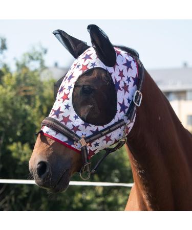 Harrison Howard Super Comfort Stretchy Fly Mask Large Eye Space With Uv Protection Skin With Breadity Red Blue Stern (M) Medium Red Blue Star