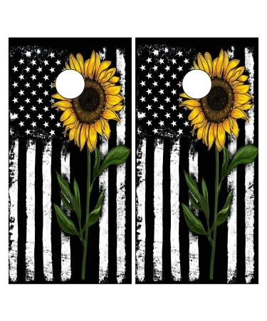 mchuang Sunflower American USA Flag 2 Pack Cornhole Board Skin Wrap Decal Vinyl Corn Hole Bean Bag Toss Stickers Weather Resistant Board Game for Children Adults Colleges Festivals & Bars 2ftx4ft