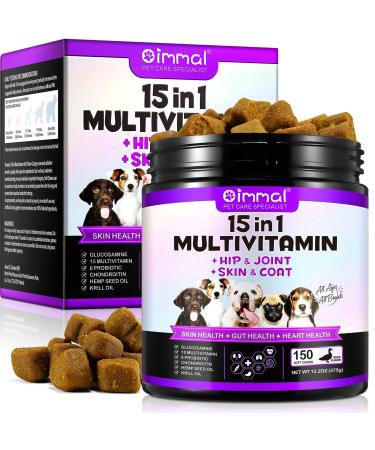15-in-1 Multivitamin Vitamins Supplements for Dogs Hip and Joint Skin Coat Skin Health Gut Health Heart Health for Small Medium and Large Dogs 150 Chews with Duck Flavour