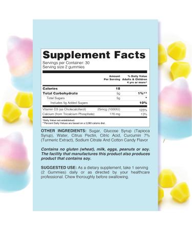 LIVS Calcium & Vitamin D3 Gummies for Adult & Kids 170mg Calcium & 1000 IU Vitamin D3 Supplement for Immune Support Bone & Teeth Health | Cotton Candy Flavor | Gluten-Free | 120 Count/60 Servings Calcium & Vitamin D 60 C  - Buy Online on GoSupps.com