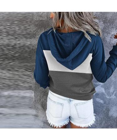 Color Block Hoodie for Women - Navy Stripe Print Drawstring Pullover Sweatshirt - Buy Online on GoSupps.com