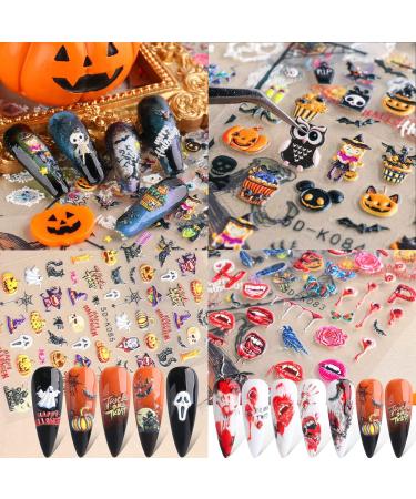 Halloween Nail Art Stickers Xcreando 5D Embossed Nail Decals Design with Skull Bones Ghost Witch Pumpkin Bat Lips Self-Adhesive Thick DIY 3D Nail Art Supplies for Halloween Days Party Cosplay Decorations 5 Sheets - Buy Online on GoSupps.com