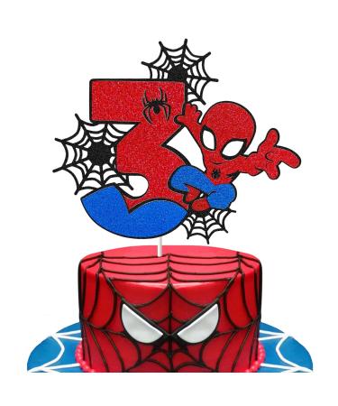 Spider Superhero 3rd Birthday Cake Topper for Boys Girls - Large Size Double Sided Glitter Spider Cake Topper