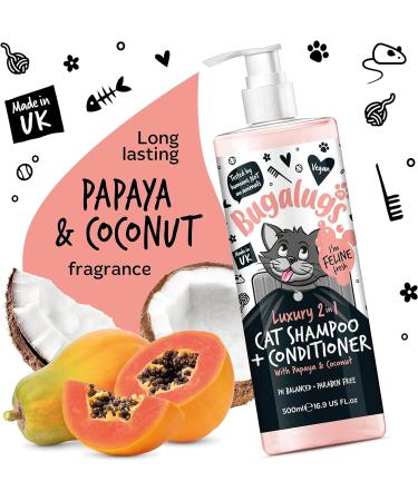Bugalugs 2 in 1 Cat Shampoo & Conditioner. Cleansing nourishing and conditioning for all cat hair. Papaya & Coconut calming scent. For all cats and kittens. cat & kitten grooming (500ml Shampoo) - Buy Online on GoSupps.com