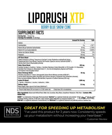 NDS Nutrition LipoRush XTP Thermogenic Fat Burner - Extreme Energy & Focus Powder with L-Carnitine - Blue Berry Snow Cone - 45 Servings - Buy Online on GoSupps.com