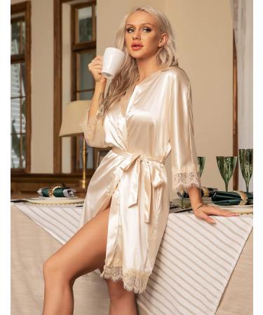 BESDEL Women's Satin Silk Bathrobe V-Neck Kimono Robe Bridesmaids - L Beige - Buy Online on GoSupps.com