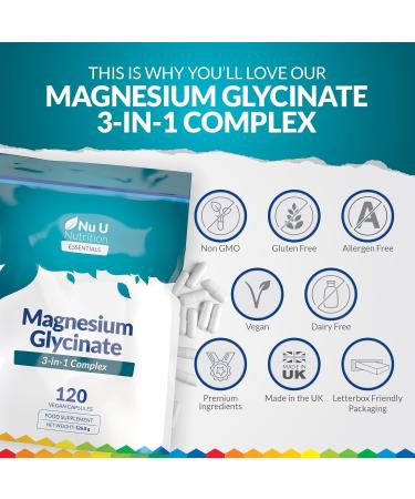 Magnesium Glycinate 3-in-1 Complex 1813mg - 120 Vegan Capsules - Triple High Absorption Bisglycinate Citrate & Malate - 384mg Elemental Mag per Serving - Made in The UK - Nu U Nutrition - Buy Online on GoSupps.com
