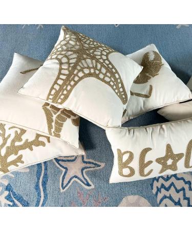 DECOPOW Embroidered Nautical Decor Pillow Cover | 18 Square Canvas Pillow | Wheat-Coral Design - Buy Online on GoSupps.com