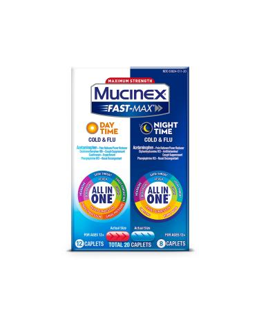 Mucinex Maximum Strength Fast-MAX Cold & Flu Day & Night All-in-One Multi Symptom Relief Caplets, Blue, 20 Count.