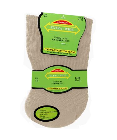 Women's Extra Wide Comfort Fit Diabetic Travel Socks (3 Pair Pack) 4-8 Coffee & Cream