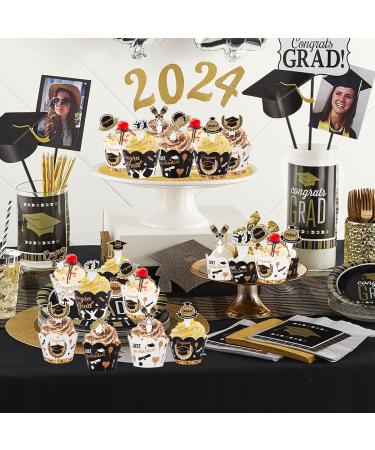 AIERSA 96Pcs Graduation Cupcake Toppers Wrappers 2024 Congrats Grad Cupcake Decorations Set Graduation Cupcake Wrappers for Cupcake Food Decorations Black Gold - Buy Online on GoSupps.com