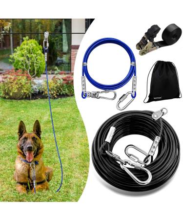 50ft Dog Runner Tie Out Cable Dog Aerial Run Zip Line for Large Dogs up to 300lbs 50FT/100FT Heavy Duty Dog Runner for Yard Camping Outdoor with 10ft Dog Running Lead Rope Sling Device 50' Black