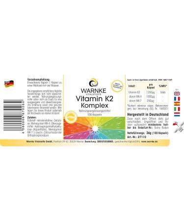 Vegan Vitamin K2 Capsules 1250mcg - MK4 and MK7 - 100 Capsules | Warnke Vitalstoffe - Buy Online on GoSupps.com