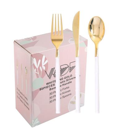 WDF 90Pieces Gold Plastic Silverware-Gold Plastic Cutlery with White Handle- Heavy Duty Plastic Christmas Silverware Include 30Forks, 30 Spoons, 30 Knives for Christmas Gold 90 PCS