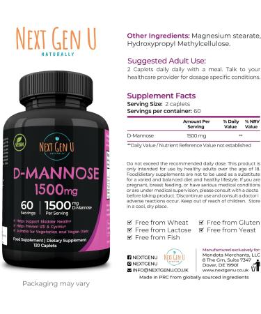 D-Mannose 1500mg Health Supplement | 120 Vegan Caplets for Urinary Tract & Bladder Health - Buy Online on GoSupps.com