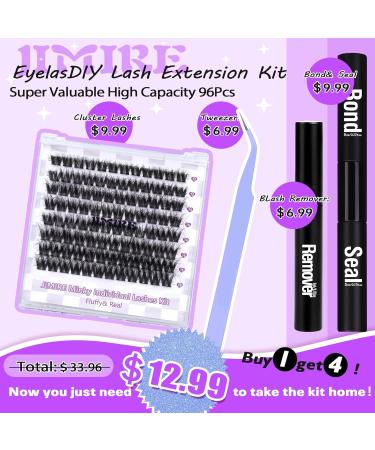 JIMIRE Individual Eyelash Extension Kit | DIY Lash Extension Kit 96Pcs | D Curl Fluffy Volume Cluster Eyelashes | Includes Bond Seal and Remover | 12-14-16-18MM | 96Pcs Fluffy Clusters - Buy Online on GoSupps.com