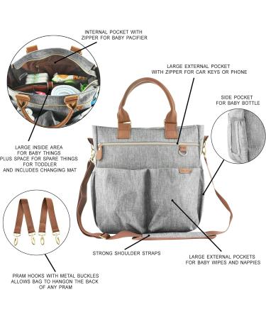 Baby Changing Bag with Changing mat - ELLA AMIE - Diaper Bag - Hospital Maternity - Large Travel Nappy Bag - Grey - Buy Online on GoSupps.com