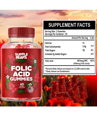 Supplebears Folic Acid Gummies 400mcg - Pregnancy Gummy for Women - 60 Raspberry Flavored Vitamins - Buy Online on GoSupps.com