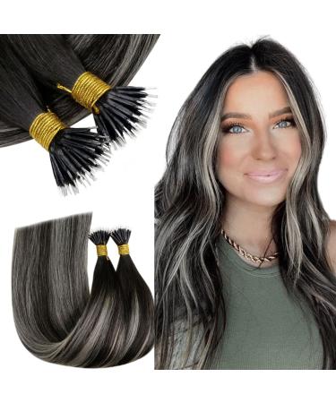 RUNATURE Nano Hair Extensions Black Ombre Silver Nano Human Hair Extensions Black Nano Ring Hair Extensions Real Human Hair Straight 40g 12inch 12" A-Nano-#1B/S/1B