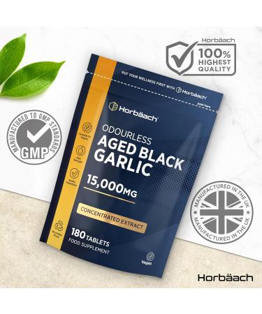 Black Garlic Tablets 15000mg | 180 Count | High Strength Odourless Concentrated Garlic Extract | Aged Black Garlic Vegan Supplement | by Horbaach - Buy Online on GoSupps.com
