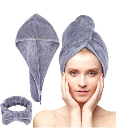 ACKSONSE HAARTURBAN 2 pieces turban towel with button quick -dry hair towel for women microfiber towel for head and long hair (gray 1 bandanas + 1 forehead) gray 2