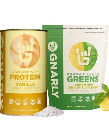 Gnarly Nutrition Performance Greens Lemon Mint (11.64 oz) and Gnarly Whey Grass-Fed Protein Supplement Vanilla (32.0oz)