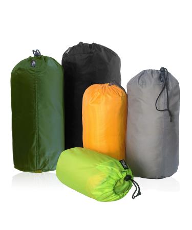 Frelaxy Stuff Sack Set 5-Pack (3L&5L&9L&15L&20L), Ultralight Ditty Bags with Dust Flap for Traveling Hiking Backpacking Neon Green&Orange&Gray&Army Green&Black