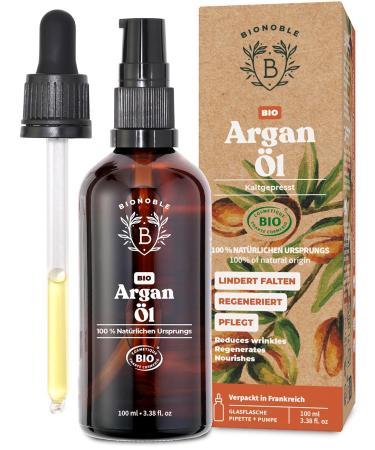 Bionoble argan oil organic 100ml - 100% pure natural and cold -pressed - face body hair beard nails - vegan cruples - argan oil - glass bottle + pipette + pump argan oil 100 ml (1 Pack) - Buy Online on GoSupps.com
