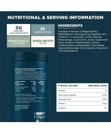 Kinetica Sports Collagen Powder - Berry Flavour | 350g | 5g FORTIGEL Bovine Collagen/Serve 320mg Vitamin C 5 g Vitamin D 100mg Hyaluronic Acid & 500mg Glucosamine Sulphate | Joint & Muscle Support - Buy Online on GoSupps.com