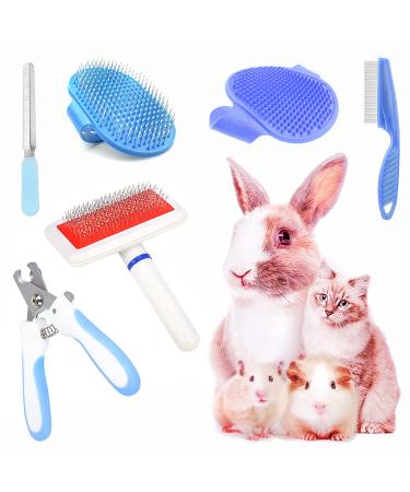 6-Piece Rabbit Grooming Kit with Pet Grooming Shedding Slicker Brush, Bath Massage Glove Brush, Nail Clipper, Flea Comb for Bunny, Puppy, Kitten, Guinea Pig, Hamster, Ferret, Small Animal Pets Blue