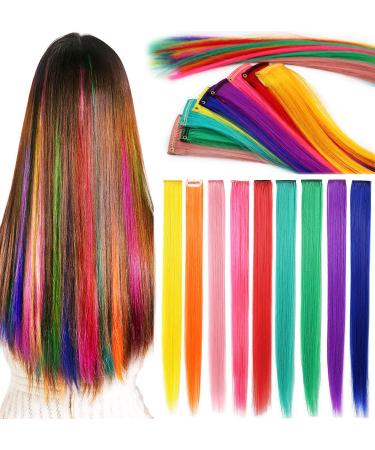 Rhyme Rainbow Hair Extensions Colored Hair Extensions Clip In/On For Girls Hair Accessories Wig Pieces For women 9PCS Rainbow Color - Buy Online on GoSupps.com