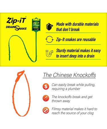 Zip-It Hair Clog Removal 25-inch Drain Snake Cleaner (3-Pack) - Fast Sink, Shower & Tub Unclogging - Non-toxic, Made in USA - Buy Online on GoSupps.com