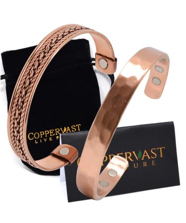 Copper Bracelets for Arthritis - for Men and Women 100% Copper with Powerful Therapy Magnets Effective and Natural Relief for Arthritis Set of 2(Hammered and Chain Inlay) plain