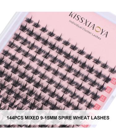 Cluster Eyelash Extensions Kit - 144Pcs D Curl Mix 9-15mm Spire Wheat Wide Stem Lashes - DIY Individual Lashes at Home - Includes Lash Bond, Seal & Applicator - Natural False Eyelashes - Spire Wheat Kit - Buy Online on GoSupps.com