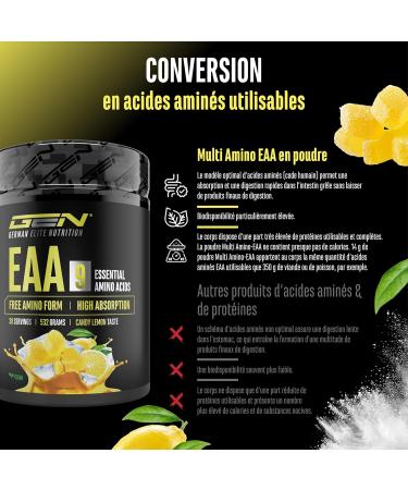  GEN GERMAN ELITE NUTRITION EAA powder 532g (38 servings) - The 9 essential amino acids incl. histidine & BCAA - Human Code formula - Vegan - Very good solubility - Refreshing amino acid drink (Candy Lemon) - Buy Online on GoSupps.com