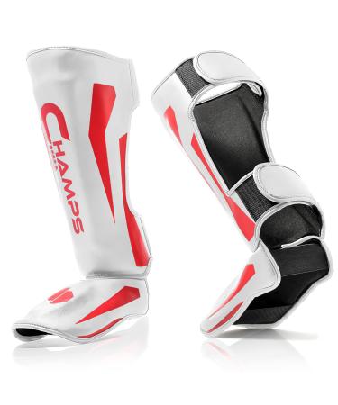 Champs MMA Martial Arts Shin Guards  Padded, Adjustable Muay Thai Leg Guards with Instep Protection for Kickboxing/MMA Training and Sparring  Durable, Professional MMA Equipment White Large