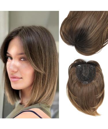 MORICHY Synthetic Hair Toppers for Thinning Hair 12'' Hair Toppers with 6.5X6.5inch Big Base Cover for Adding Extra Hair Volume Soft Ombre Brown Toppers with Bang (Ombre Brown 3 color tone) 12Inch Ombre Brown(3 color tone)