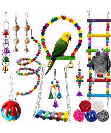 Hamiledyi Bird Parrot Swing Chewing Toy Set 15PCS Wooden Hanging Bell with Hammock Climbing Ladders Colorful Pet Birds Cage Toys for Small Parakeet Cockatiel Conures Finches Budgie Macaws Love Birds - Buy Online on GoSupps.com